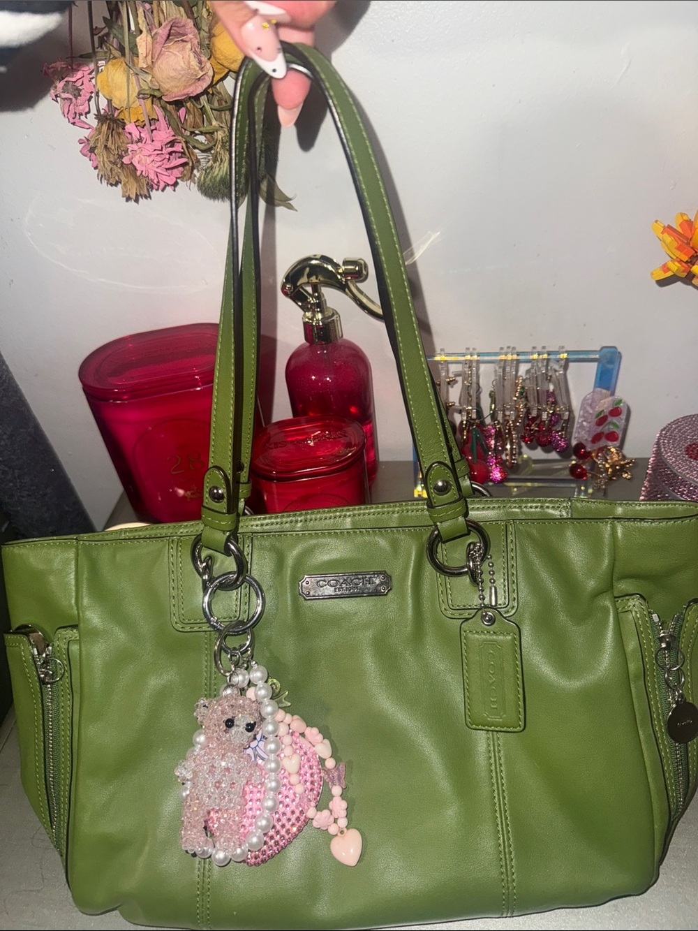 Vintage Coach Olive Green Leather Shoulder Tote